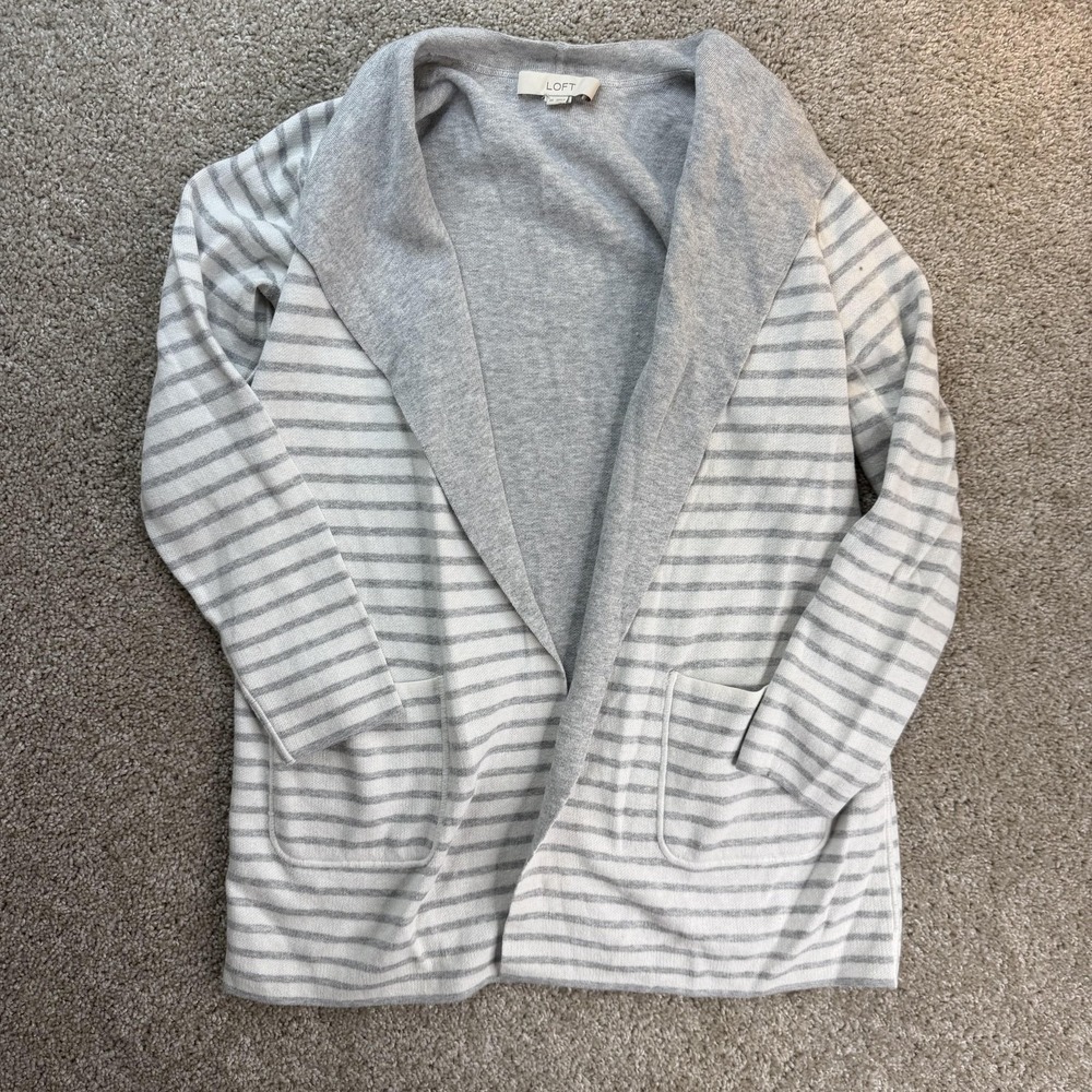LOFT Sweater Womens XS Gray Collared Striped Open Front Knit Cardigan Pockets